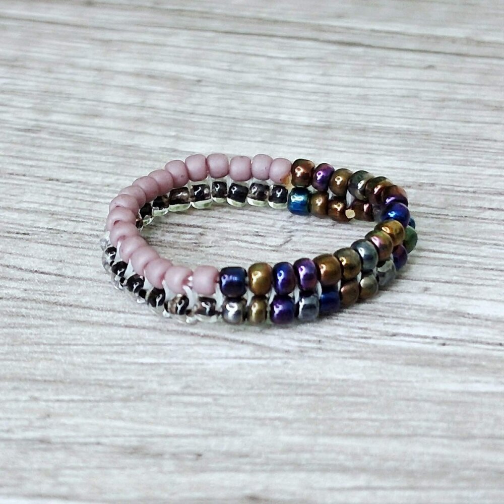 Stackable beaded ring, two tone seed bead jewelry, size 8